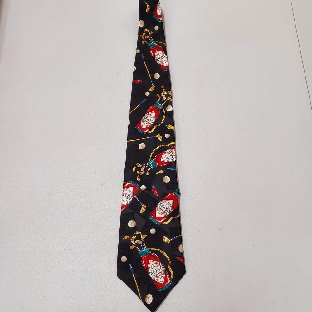 Tabasco Men Tie One Size Black 100% Silk Golf Hot Sauce‎ Allover Print